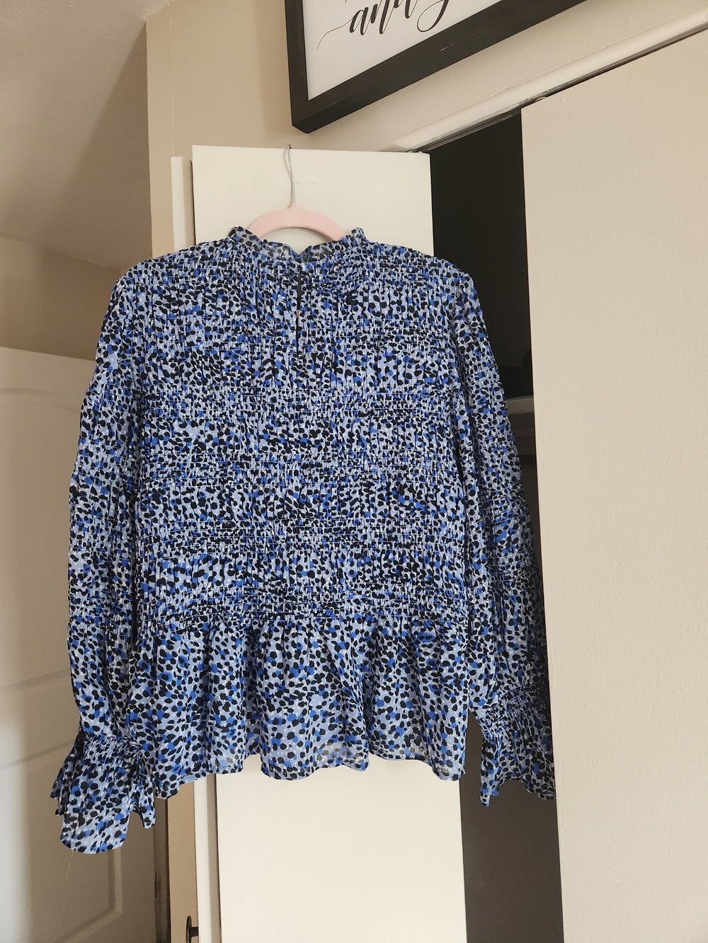 Express Blue and Black Printed Long Sleeve Smocked Peplum Top Size XL - Picture 2 of 5
